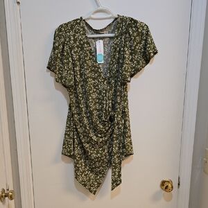 Beacon Sz XL Olive Floral Drape Blouse